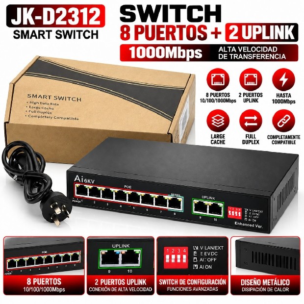 &ua SWITCH RED LAN 8 PUERTOS + 2 UPLINK 100MBPS JK-D2312